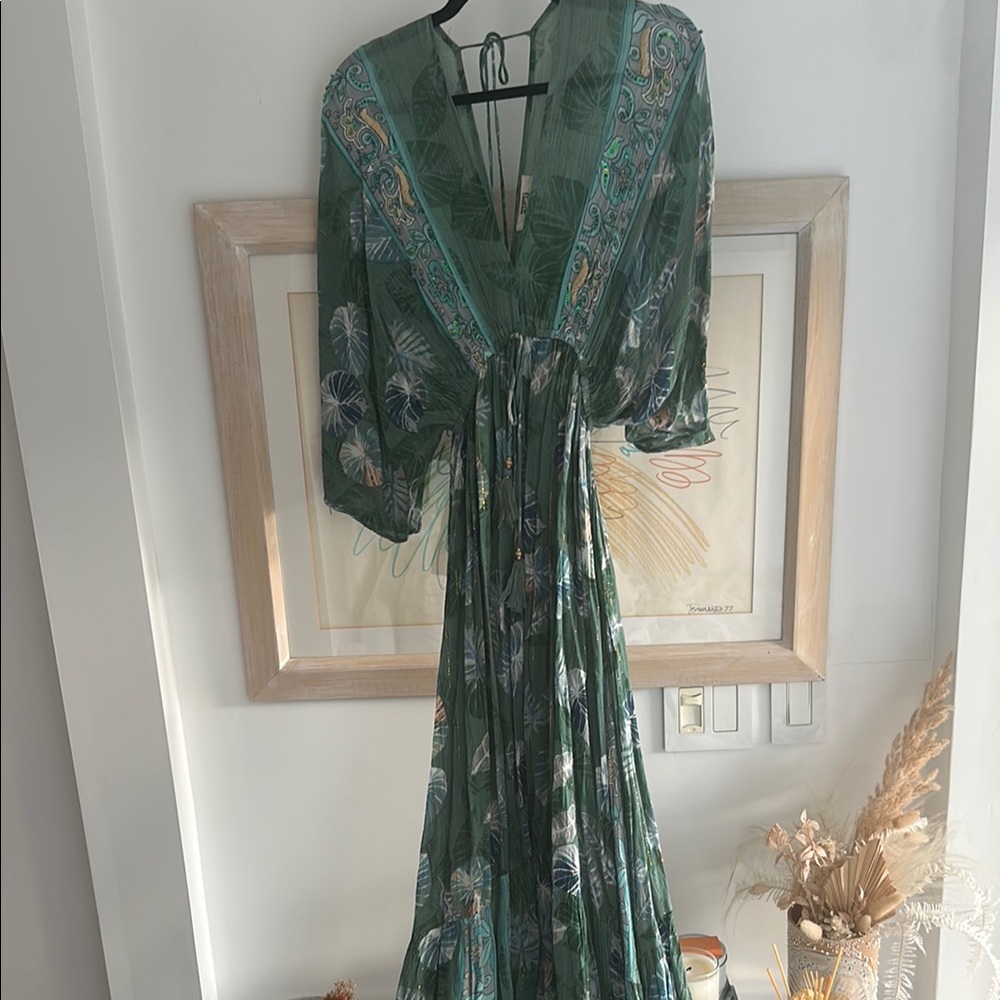 Teal Green Maxi Dress with beads and gold threading